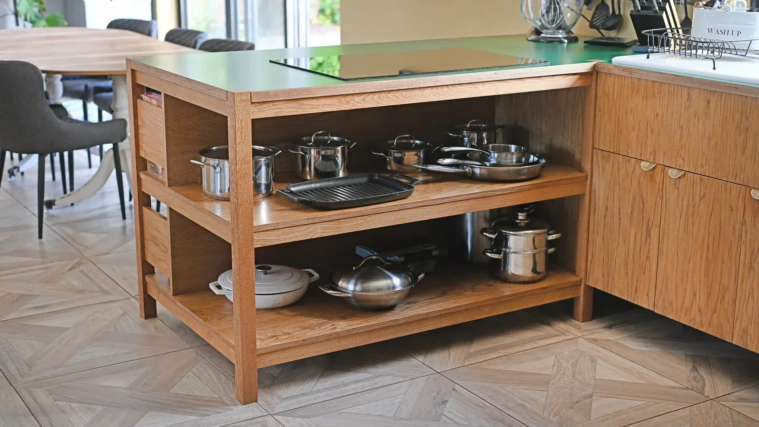 Solid oak island unit with open storage