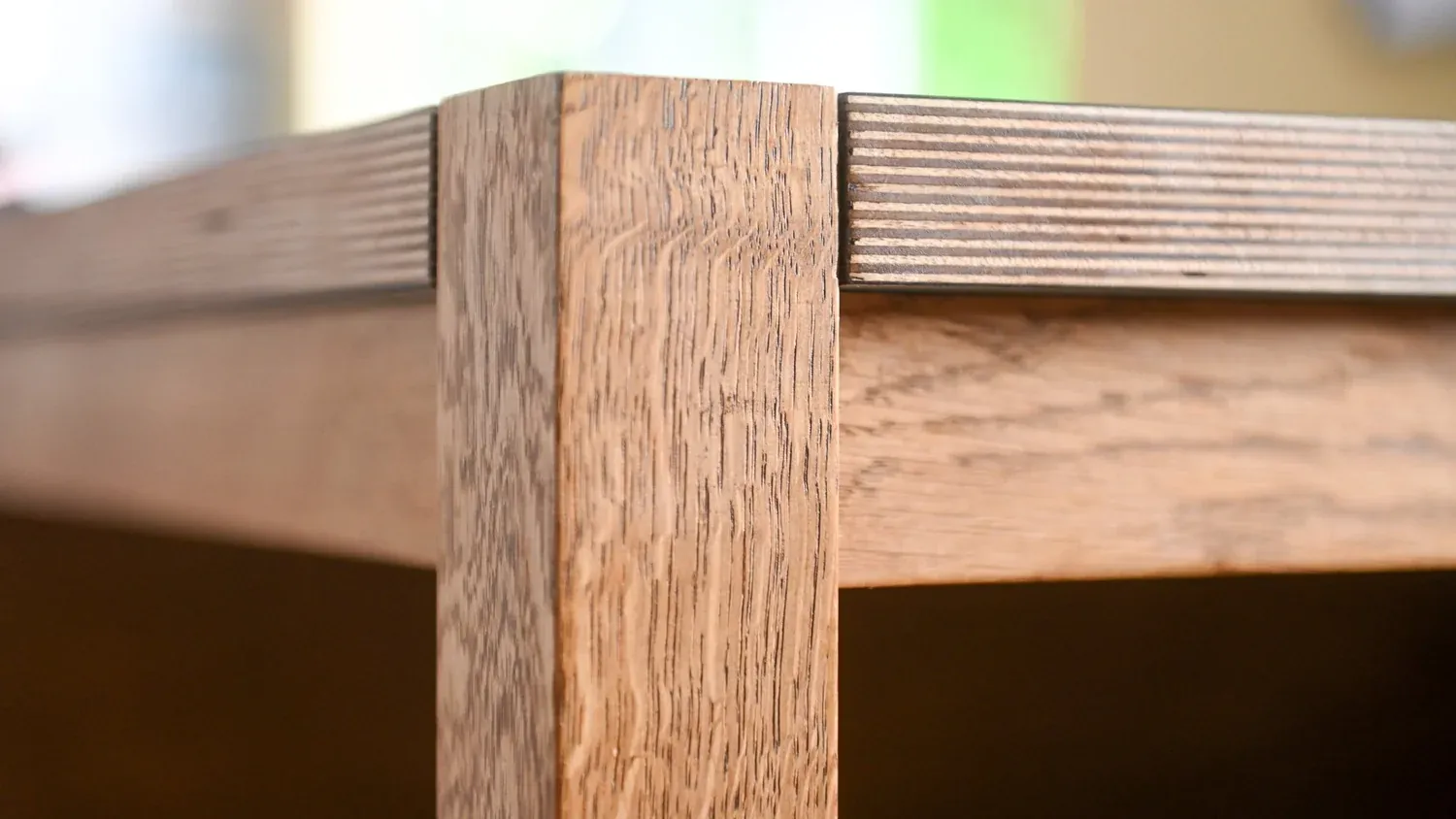 Close-up of hand-machined oak joinery detail